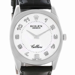 Rolex Cellini Danaos 18k White Gold Black Strap Mens Watch 4233