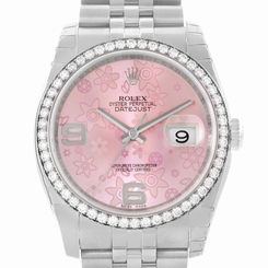 Rolex Datejust Steel White Gold Diamond Pink Floral Dial Watch 116244 Unworn