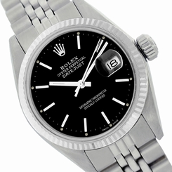 Black Rolex Stainless Steel Watch Lady Datejust 6917 18K White Gold Fluted Bezel