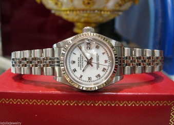 LADIES ROLEX OYSTER PERPETUAL DATEJUST 18K WHITE GOLD AND STEEL ROMAN NUMERALS