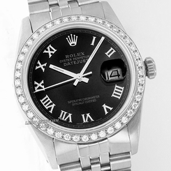 Used Rolex Men's Stainless Steel Datejust 16014 Black Roman Dial/Diamond Bezel