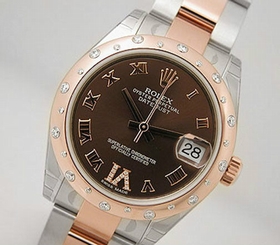 NEW MIDSIZE SS/ROSE GOLD ROLEX DATEJUST CHOCOLATE ROMAN DIAMOND DIAL / BEZEL