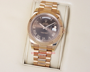 Rolex Day-Date II Brown Roman Dial 18kt Everose Gold 218235 MINT