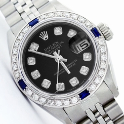 Used Rolex Men's Datejust 16014 Steel Blk Diamond Dial/Diamond Bzl/4 Sapphires