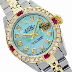 Rolex Watch Datejust Oyster Perpetual Two Tone Blue-Green Pearl Diamond & Ruby