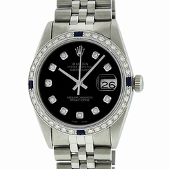 ROLEX MENS DATEJUST S/S & 18K WHITE GOLD BLACK DIAMOND AND SAPPHIRE WATCH