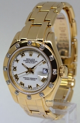 Rolex Pearlmaster 12 Diamond Bezel 18k Yellow Gold Ladies Watch & Box 69318