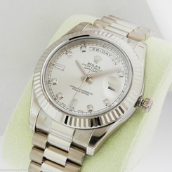 Rolex Day Date II 41mm White Gold Silver Diamond Dial 218239 Retail: $40,550