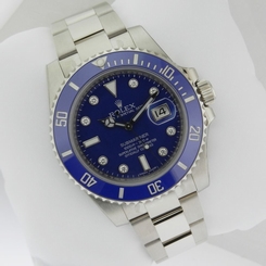ROLEX 116619 Submariner White Gold Blue Diamond Dial Retail: $40,250