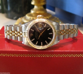 Ladies ROLEX Oyster Perpetual DATE Black Face TWO-TONE Yellow Gold and Steel  27543000069