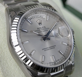 MENS ROLEX DAY DATE PRESIDENT 118239 18K WHITE GOLD SILVER STICK DIAL 36MM - NEW
