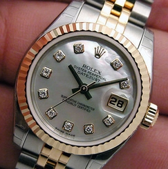 BRAND NEW LADIES 18K/SS ROLEX DATEJUST WHT MOTHER OF PEARL DIAMOND MOP 179173!