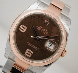 Rolex DATEJUST 116201 Mens Steel & Pink Gold Chocolate Flower Diamond Dial 36MM