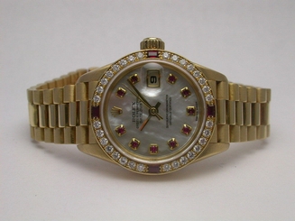 ROLEX 79068 PRESIDENT YELLOW GOLD DIAMONDS RUBIES MOP DIAL CHRONOMETER WATCH