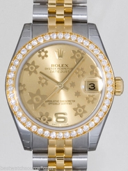 Rolex Datejust 31mm SS/YG 46 Diamond Champagne Floral Dial 178383 Ret: $16,250