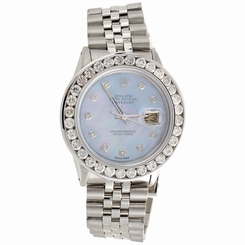 Mens 16014 Rolex DateJust 36mm Channel Set Diamond Watch Blue MOP Dial 5.75 CT.
