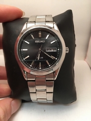 Seiko Solar Mens Black Day/Date Dial Stainless Steel Watch SNE039-R14