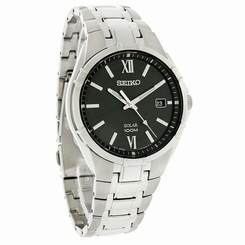 Seiko Solar Mens Blk Dial Stainless Steel Bracelet Dress Watch SNE215