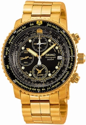 Seiko Men's SNA414 Flight Alarm Chronograph Gold Tone Black Dial Watch 29665131386