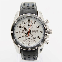 Seiko Sportura Chronograph SNAF35P1 White Tone Black Leather Analog Watch