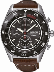 New Seiko Quartz Black Dial Leather Band Chronograph Men's Watch SNDG57P2
