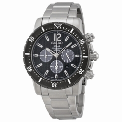 Seiko Solar Quartz Chronograph Black Dial Stainless Steel Mens Watch SSC245