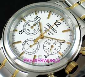 SEIKO MEN CHRONOGRAPH GOLD STEEL 2 TONE WHITE WATCH 100M SSB009 SSB009P1 4954628141026