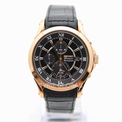 Seiko Premier Series SNAF24P1 Rose Gold Chronograph Black Calfskin Hardlex Watch