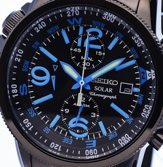 NEW MEN'S ALL BLACK SEIKO SOLAR ALARM CHRONOGRAPH ANALOG SPORTS WATCH SSC079P1 29665162199