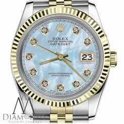 2Tone 18K Rolex 36mm Datejust Baby Blue MOP Mother Of Pearl Dial w Diamond No's