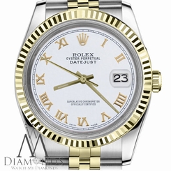 White Roman Numeral Mens Rolex 36mm Datejust 18K & SS 2Tone Jubilee Watch