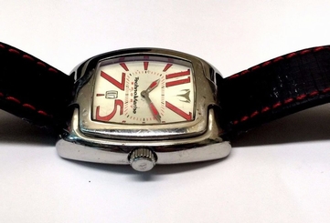 Authentic TechnoMarine RSQG53 Red Square Date Stainless Steel Leather Band Watch