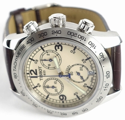 Tissot T36131672 V8 Quartz Chronograph, Men's brown leather Ivory Dial Watch NEW