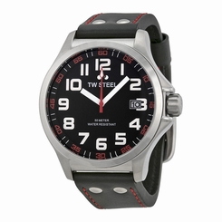  TW Steel Mens 45mm Pilot Quartz Black Dial Black Strap Red Stitching Watch TW410