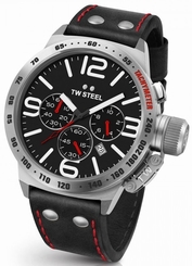  TW Steel Canteen Men Silver 50mm Chronograph Watch Black Dial Leather Strap CS10