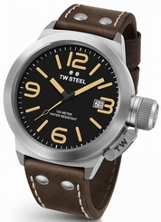 TW Steel Canteen Mens Silver 45mm Quartz Watch Brown Leather Strap CS31