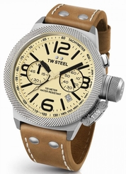 TW Steel Canteen Mens Silver 50mm Chronograph Watch Tan Leather Strap CS14