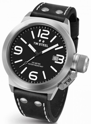 Mens TW Steel 50mm Canteen Black Leather Black Dial with Date Quartz Watch CS2