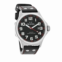  TW Steel Mens Pilot Black Dial/Leather Strap Stainless Steel Quartz Watch TW411