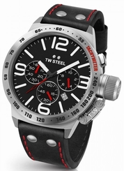 TW Steel Canteen Mens Silver 45mm Chronograph Watch Black Leather Strap CS9