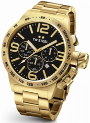  Mens TW Steel 45mm Canteen Gold Tone Stainless Black Dial Chronograph Watch CB93