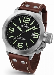  TW Steel Canteen Mens Silver 45mm Quartz Watch Brown Leather Strap CS21
