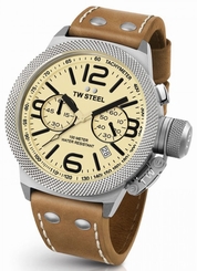 Mens TW Steel 50mm Canteen Brown Leather Cream Dial Date Chronograph Watch CS14