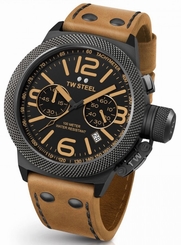 TW Steel Canteen Mens Black 50mm Chronograph Watch Brown Leather Strap CS44