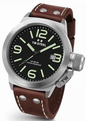 Mens TW Steel 45mm Canteen Dark Brown Leather Black Dial Date Quartz Watch CS21