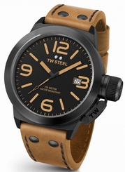 Mens TW Steel 50mm Canteen Brown Leather Black Dial Case Date Quartz Watch CS42