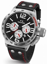 TW Steel Canteen Mens Silver 45mm Chronograph Watch Black Leather Strap CS7