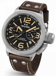 TW Steel Canteen Mens Silver 50mm Chronograph Watch Brown Leather Strap CS34
