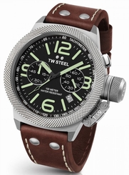 TW Steel Canteen Mens Silver 50mm Chronograph Watch Brown Leather Strap CS24