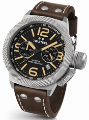 Mens TW Steel 45mm Canteen Dark Brown Leather Black Dial Chronograph Watch CS33